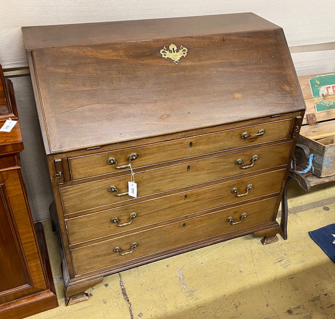 A George III mahogany bureau with parquetry interior, width 107cm, depth 56cm, height 108cm